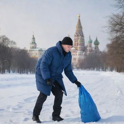 A modern-day volunteer in Russia, seen wearing warm clothing, picking up litter in a frozen park with grand Soviet-era architecture in the background