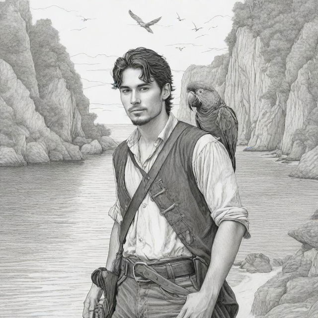 A secluded cove setting highlighting a young man on a pirate adventure with a parrot on his shoulder, realized as black and white line art suitable for a coloring page