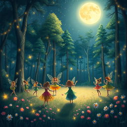 An enchanting illustration titled 'Uma Noite Estrelada na Floresta Encantada'