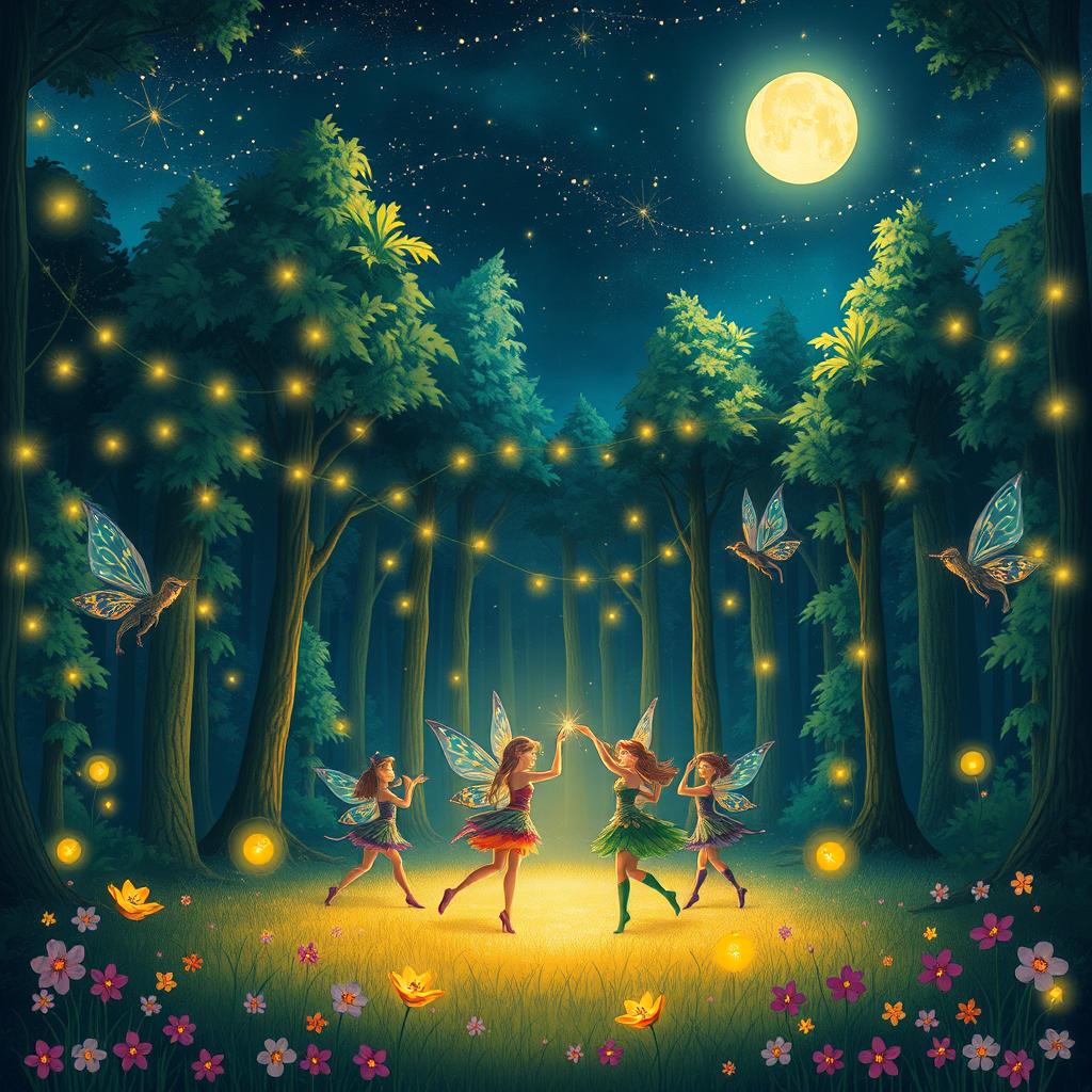 An enchanting illustration titled 'Uma Noite Estrelada na Floresta Encantada'