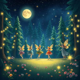 An enchanting illustration titled 'Uma Noite Estrelada na Floresta Encantada'