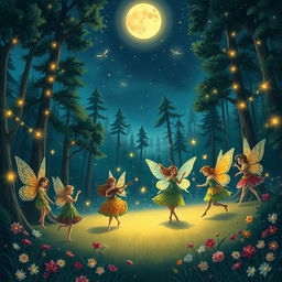 An enchanting illustration titled 'Uma Noite Estrelada na Floresta Encantada'