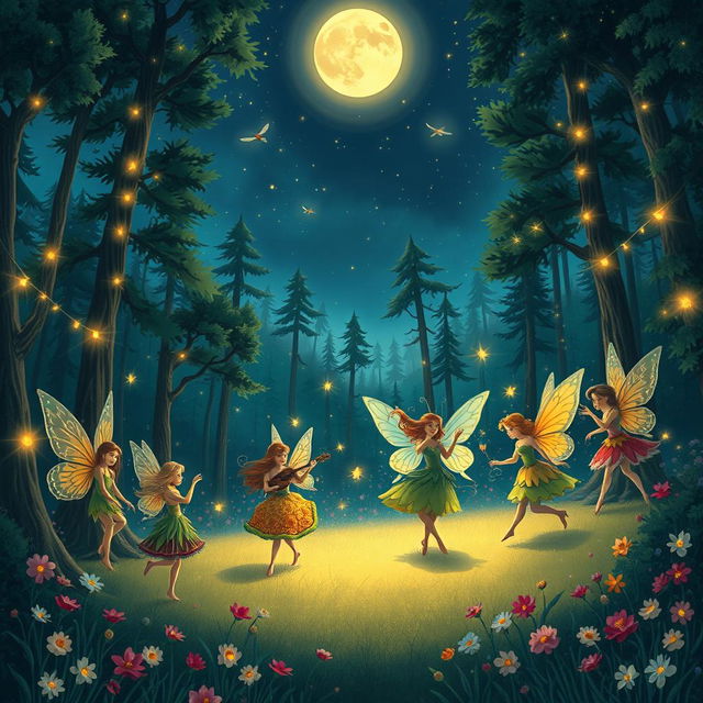 An enchanting illustration titled 'Uma Noite Estrelada na Floresta Encantada'