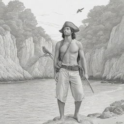 A secluded cove setting highlighting a young man on a pirate adventure with a parrot on his shoulder, realized as black and white line art suitable for a coloring page