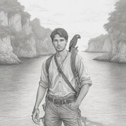 A secluded cove setting highlighting a young man on a pirate adventure with a parrot on his shoulder, realized as black and white line art suitable for a coloring page