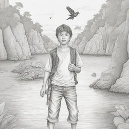 A secluded cove setting highlighting a young boy on a pirate adventure with a parrot on his shoulder, realized as black and white line art suitable for a coloring page