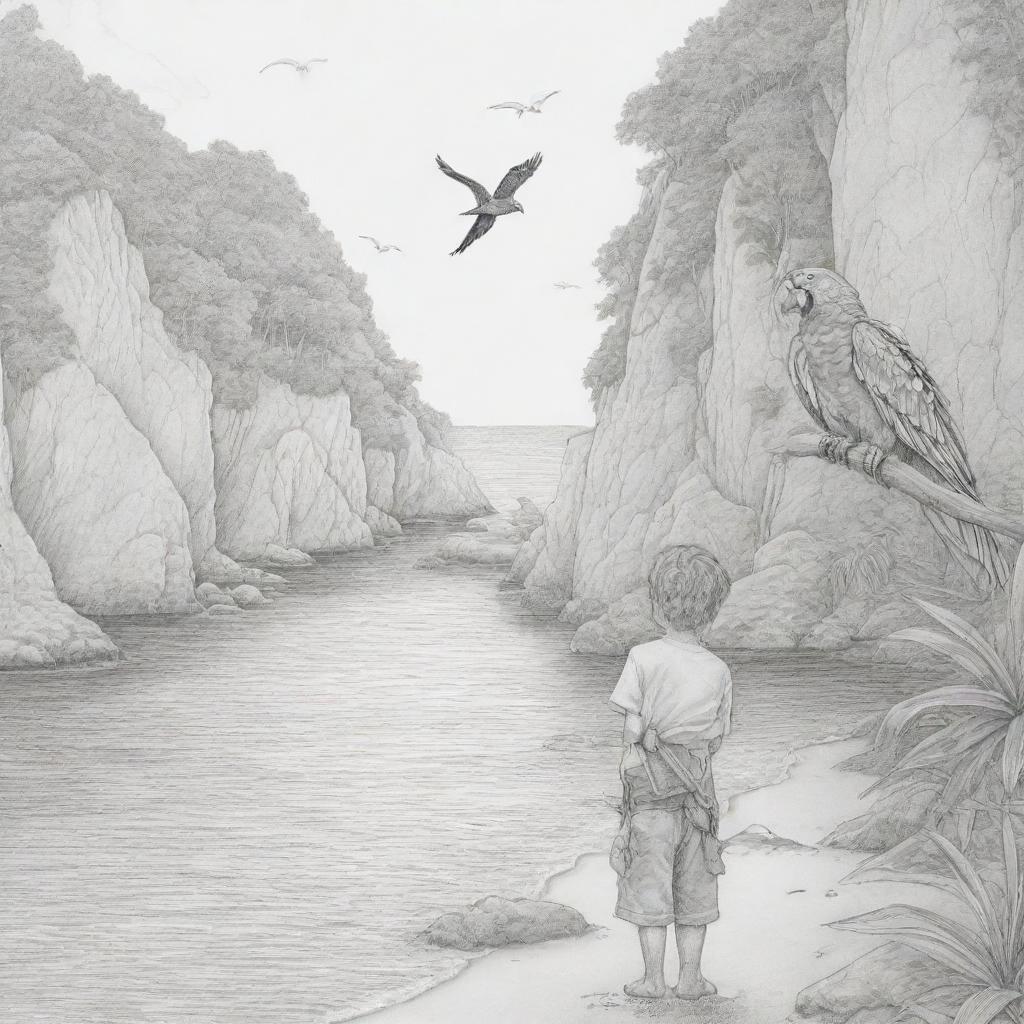 A secluded cove setting highlighting a young boy on a pirate adventure with a parrot on his shoulder, realized as black and white line art suitable for a coloring page