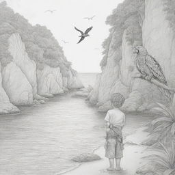 A secluded cove setting highlighting a young boy on a pirate adventure with a parrot on his shoulder, realized as black and white line art suitable for a coloring page