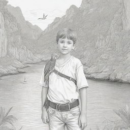 A secluded cove setting highlighting a young boy on a pirate adventure with a parrot on his shoulder, realized as black and white line art suitable for a coloring page