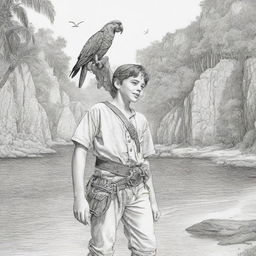 A secluded cove setting highlighting a young pirate boy on an adventure with a parrot on his shoulder, rendered as black and white line art suitable for a coloring page