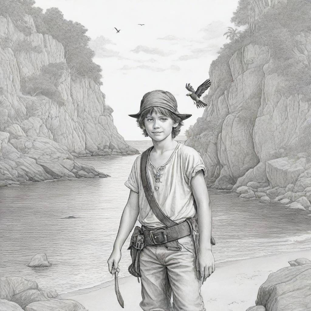 A secluded cove setting highlighting a young pirate boy on an adventure with a parrot on his shoulder, rendered as black and white line art suitable for a coloring page