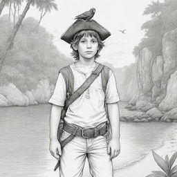 A secluded cove setting highlighting a young pirate boy on an adventure with a parrot on his shoulder, rendered as black and white line art suitable for a coloring page