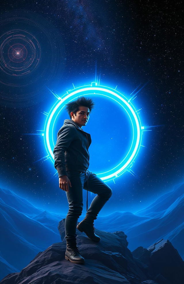 A man with dark spiky hair stepping confidently into a vibrant blue circular portal