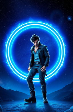 A man with dark spiky hair stepping confidently into a vibrant blue circular portal