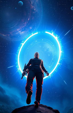 A man with dark spiky hair stepping confidently into a vibrant blue circular portal
