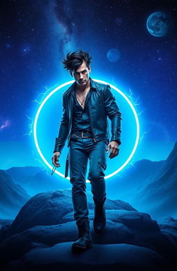 A man with dark spiky hair stepping confidently into a vibrant blue circular portal