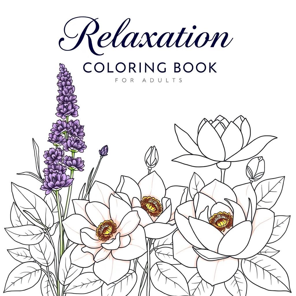 A sophisticated coloring book cover titled 'Relaxation Floral Coloring Book for Adults', showcasing an elegant array of intricate floral designs