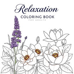 A sophisticated coloring book cover titled 'Relaxation Floral Coloring Book for Adults', showcasing an elegant array of intricate floral designs