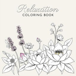 A sophisticated coloring book cover titled 'Relaxation Floral Coloring Book for Adults', showcasing an elegant array of intricate floral designs