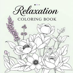 A sophisticated coloring book cover titled 'Relaxation Floral Coloring Book for Adults', showcasing an elegant array of intricate floral designs
