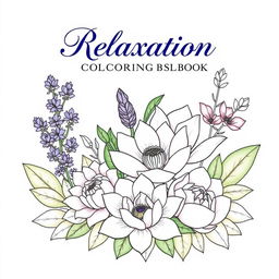 A sophisticated coloring book cover titled 'Relaxation Floral Coloring Book for Adults', showcasing an elegant array of intricate floral designs
