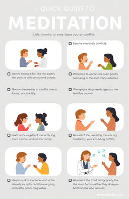 A visually engaging quick guide to mediation, featuring illustrated scenes of diverse individuals resolving everyday conflicts effectively