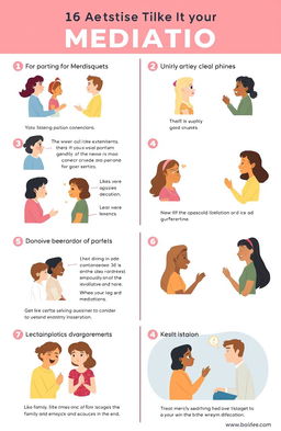A visually engaging quick guide to mediation, featuring illustrated scenes of diverse individuals resolving everyday conflicts effectively