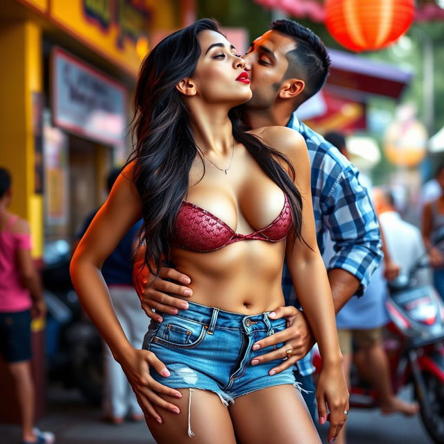 Sensual Radhika Seth in trendy denim shorts, accented with bold red lipstick, captured in a flirtatious moment as she removes her bikini top, revealing her enticing cleavage and navel