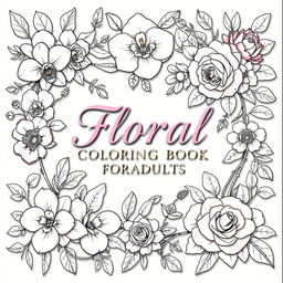 A captivating cover design for a 'Floral Coloring Book for Adults', featuring an exquisite collection of detailed floral illustrations