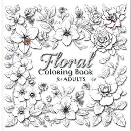 A captivating cover design for a 'Floral Coloring Book for Adults', featuring an exquisite collection of detailed floral illustrations