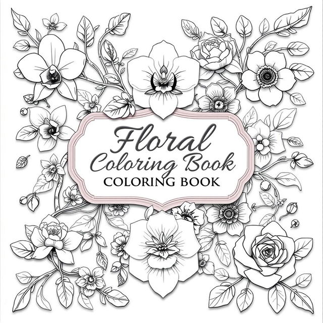 A captivating cover design for a 'Floral Coloring Book for Adults', featuring an exquisite collection of detailed floral illustrations