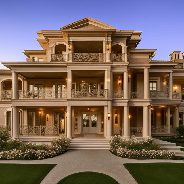 exquisite extra-large exterior of exquisite mansion with a ramp projecting above the balcony area in daylight