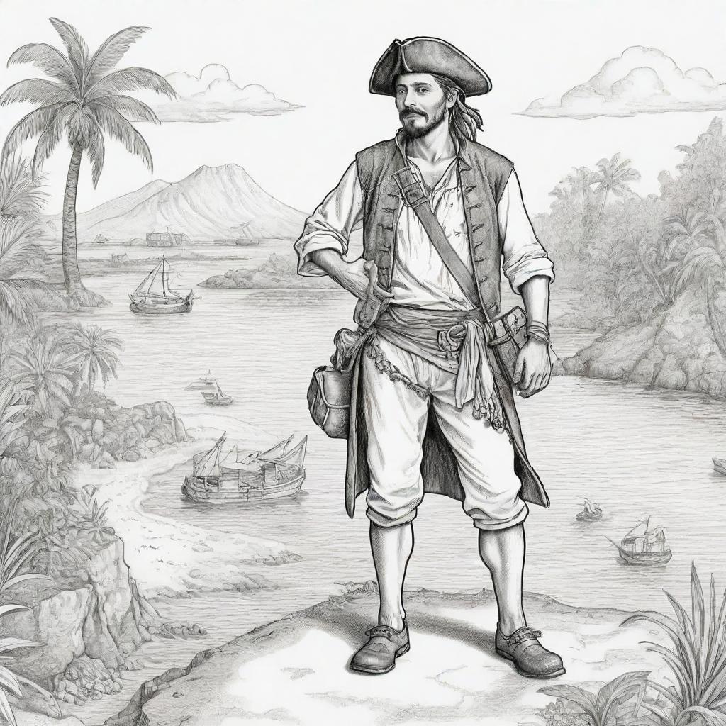 On an island set, a depiction of pirates including a young man holding a treasure map, rendered in black and white line art suitable for a coloring page