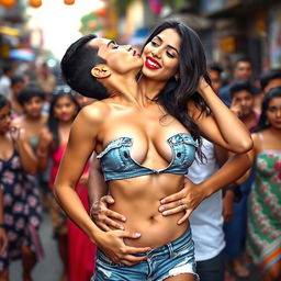 Sensual Radhika Seth wearing trendy denim shorts and striking red lipstick, captured in a provocative moment as she removes her bikini top, revealing her tantalizing cleavage and navel