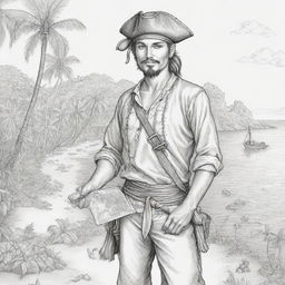 On an island set, a depiction of pirates including a young man holding a treasure map, rendered in black and white line art suitable for a coloring page