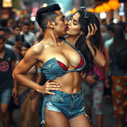 Sensual Radhika Seth wearing trendy denim shorts and striking red lipstick, captured in a provocative moment as she removes her bikini top, revealing her tantalizing cleavage and navel