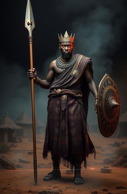 An epic scene featuring King Ajaka, depicted with glowing red eyes, wearing traditional African attire adorned with intricate patterns