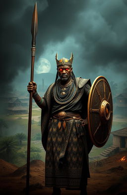 An epic scene featuring King Ajaka, depicted with glowing red eyes, wearing traditional African attire adorned with intricate patterns