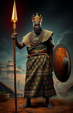 An epic scene featuring King Ajaka, depicted with glowing red eyes, wearing traditional African attire adorned with intricate patterns