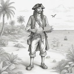 On an island set, a depiction of pirates including a young man holding a treasure map, rendered in black and white line art suitable for a coloring page