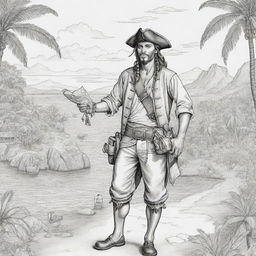 On an island set, a depiction of pirates including a young man holding a treasure map, rendered in black and white line art suitable for a coloring page