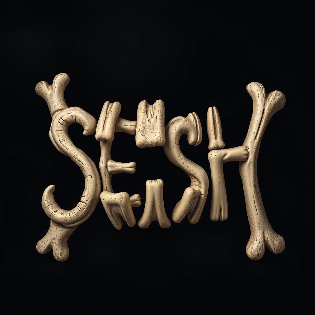 An artistic illustration of teeth made of bones intricately arranged to spell out the word 'SESH'