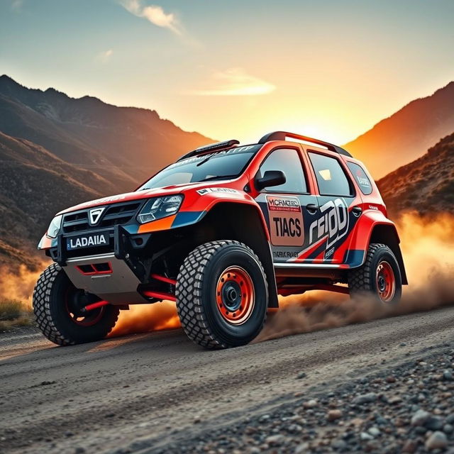 A Dacia Lodgy modified for rally racing, showcasing its rugged design with oversized tires, a vibrant racing livery featuring bold colors and sponsor logos