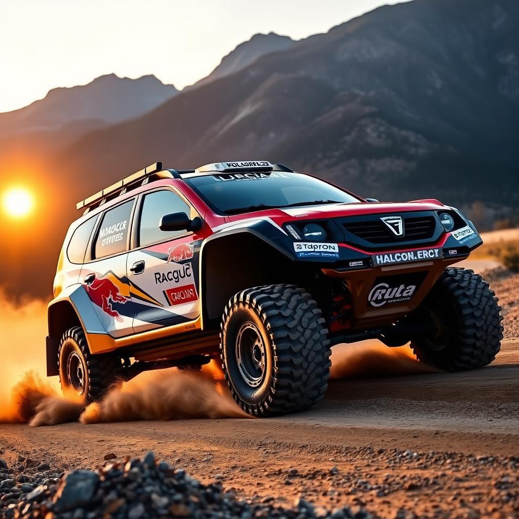 A Dacia Lodgy modified for rally racing, showcasing its rugged design with oversized tires, a vibrant racing livery featuring bold colors and sponsor logos