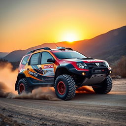 A Dacia Lodgy modified for rally racing, showcasing its rugged design with oversized tires, a vibrant racing livery featuring bold colors and sponsor logos