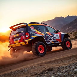 A Dacia Lodgy modified for rally racing, showcasing its rugged design with oversized tires, a vibrant racing livery featuring bold colors and sponsor logos