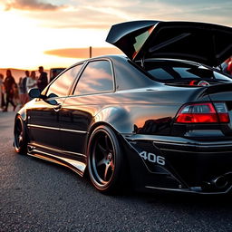 A sleek and powerful 406 tuning car, showcasing a modified exterior with a glossy black paint job, sporty body kit, and enhanced aerodynamics