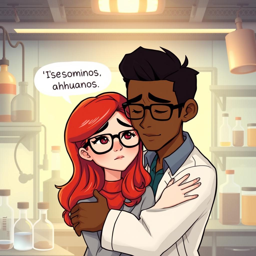 A digital artwork featuring a woman with vibrant red hair and stylish glasses, looking sad inside a laboratory