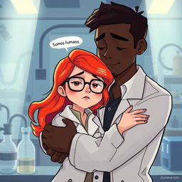 A digital artwork featuring a woman with vibrant red hair and stylish glasses, looking sad inside a laboratory
