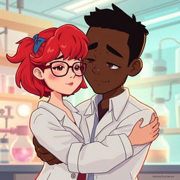 A digital artwork featuring a woman with vibrant red hair and stylish glasses, looking sad inside a laboratory